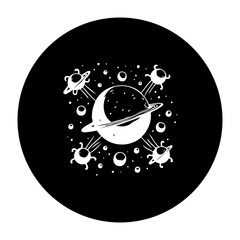 Minimalist Illustration of Planet with Rings Surrounded by Flying Saucers and Stars on Dark Background