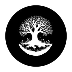 Mystical ancient tree of life in graveyard illustration against black background evocative of folk horror with roots