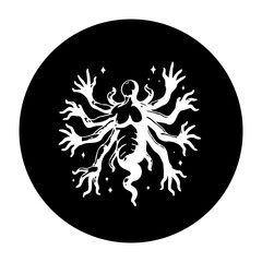 Abstract mythical creature illustration with multiple arms and stars against black background symbolising the unknown and mysterious