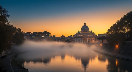 Obraz premium St. Peter’s Basilica at Sunrise with Fog over Tiber River in Vatican City, Rome 