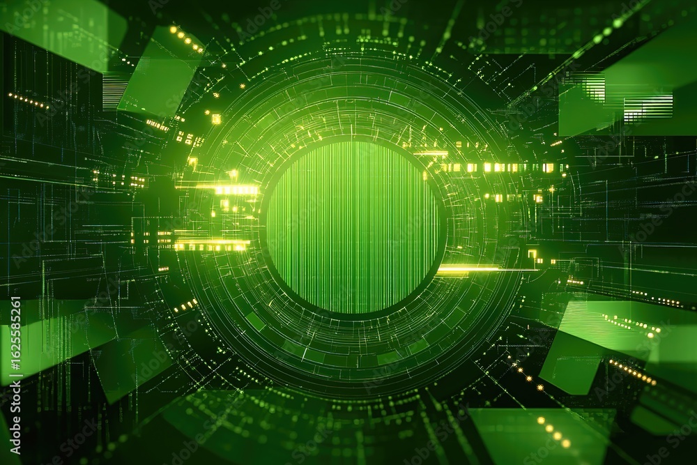 Poster holographic glowing lines forming circular data flow frame, dynamic information technology backgroun