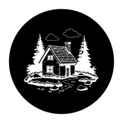 A whimsical black and white illustration of a cozy cabin nestled within a tranquil forest scene