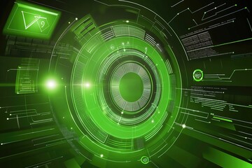 Obraz premium Green black tech interface with central circular frame holding AI video text icons, sci-fi data visualization dashboard background