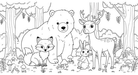 Whimsical Forest Friends Bear Fox Deer and Rabbit Line Art for Coloring Fun.
