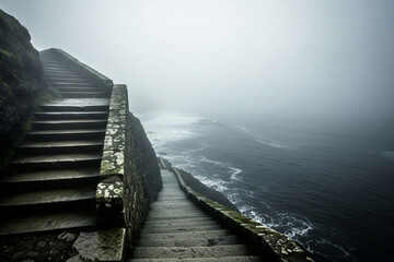Mysterious Fog-Shrouded Stairway Carved into a Dramatic Coastal Cliff