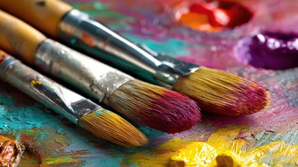 Fototapeta premium Close Up Paintbrushes On Artists Palette