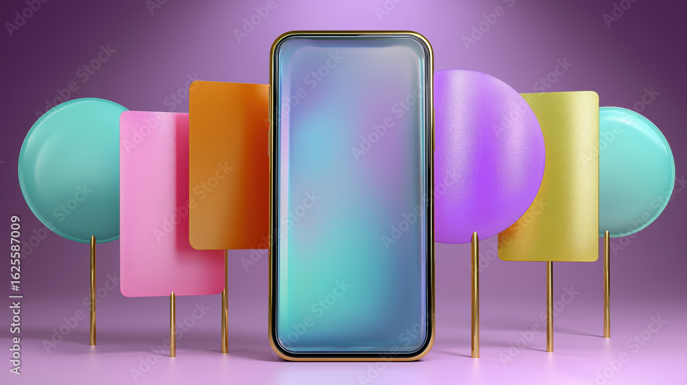 Poster colorful abstract display featuring a smartphone with vibrant shapes in the background