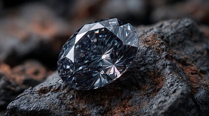 Grey oval diamond with brilliant facets on dark textured stone