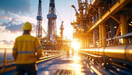 A bird's-eye view of an offshore oil rig at sunset or sunrise, with workers wearing yellow helmets and safety jackets walking on deck.  The sun's golden light radiates,construction site at night