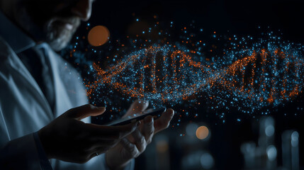 A scientist holds a smartphone, surrounded by a glowing DNA strand visualization, symbolizing innovation in genetics and technology.