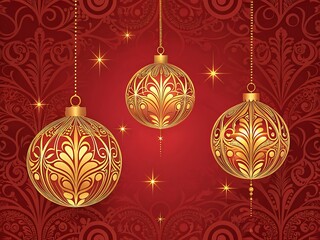 Golden Christmas ornaments with stars on red festive background, luxury holiday decoration with glowing elements 