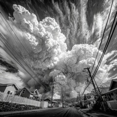 Fototapeta premium Smoke-filled street, houses, and power lines in grayscale. Dramatic, towering cloud of smoke obscures the sky
