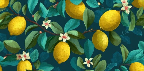 Hand-painted illustration of lemons on a branch with leaves and flowers