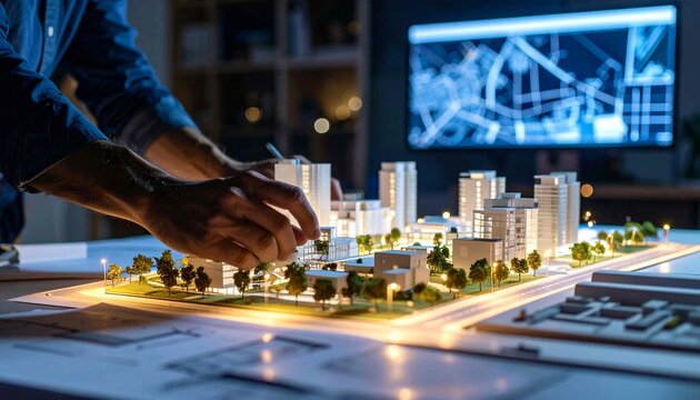 An architect or urban planner works with a detailed, illuminated city model at night, with a computer screen in the background displaying a digital map or design.,workers at work