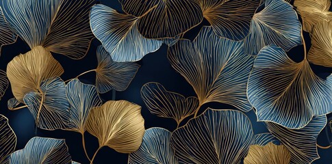 Abstract botanical illustration, gold and blue foliage on a dark background
