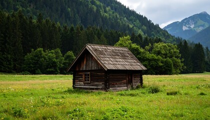 Obraz premium Rustic wooden cabin nestled in a green valley