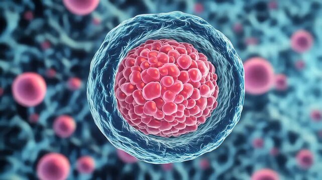 Close-up of multicellular structure with pink central cell and blue membrane in biological context