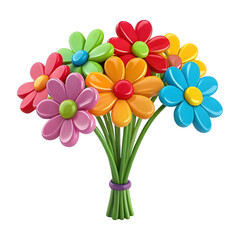 3D Cartoon Flower Bouquet with Colorful Petals and Pink Ribbon on Black Background.