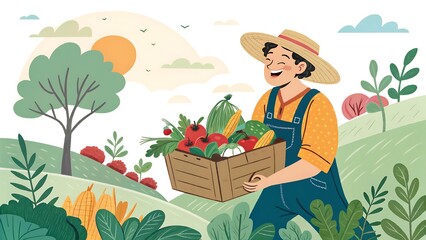 Happy Farmer Carrying Freshly Harvested Organic Vegetables in a Wooden Crate Through a Lush Green Agricultural Landscape at Sunset