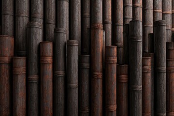 Naklejka premium Dark, aged bamboo tubes, tightly packed