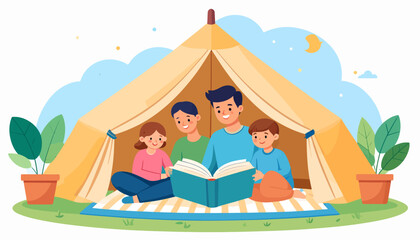 Fototapeta premium Happy Family Reading Storybook in Camping Tent. Parents and Kids Enjoying Storytime Together During Outdoor Adventure.
