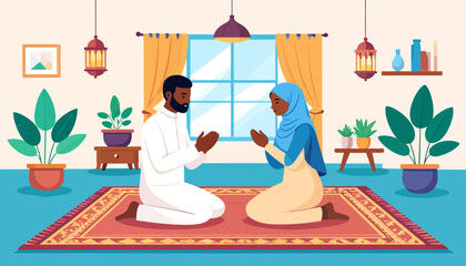 Muslim couple praying together at home, expressing faith and devotion in a peaceful domestic setting.