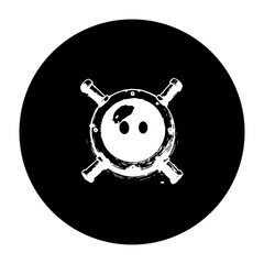 Mysterious emblem a black and white circular design featuring a stylized skull and cannons illustration