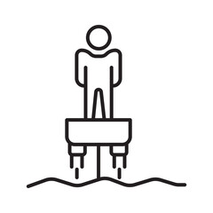 A single icon of flyboarding with outline style, depicting a person using water-powered propulsion. Editable stroke vector illustration.