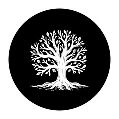 A captivating monochrome tree of life design radiating strength and resilience standing prominently against dark backdrop embracing nature
