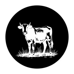 Elegant black and white vector illustration portraying a cow standing gracefully amidst grass within a circular frame