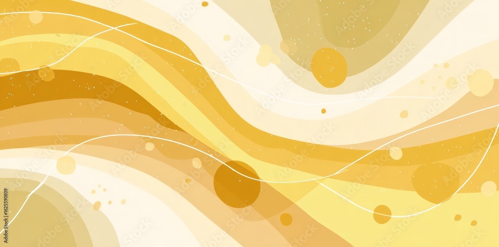 Poster abstract digital art with layered undulating curves in warm yellows and white lines