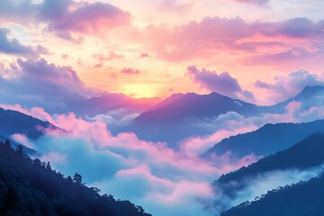 Obraz premium Majestic Mountain Peaks Covered in Pink and Blue Clouds at Sunrise
