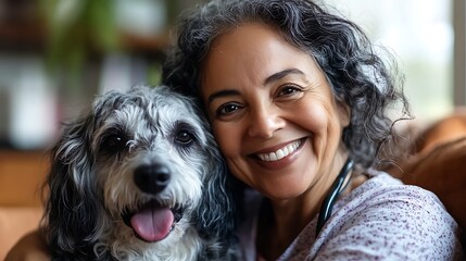 Mature woman smiling with therapy dog
. Close-up of joyful woman and therapy dog. Animal-assisted caregiving and emotional connection. Pet therapy and support. National Caregivers Day