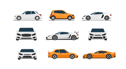 Fototapeta premium Diverse automobile vector illustrations showcasing various car types and perspectives for design projects