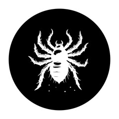 Creepy spider silhouette with detailed legs isolated on a black circle background vector illustration