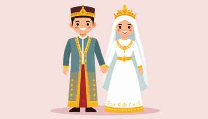Obraz premium Cartoon Wedding Couple in Traditional Dress, Illustration