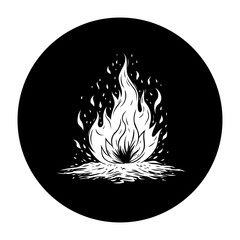 Captivating monochrome illustration of a stylized bonfire emanating warmth and luminescence from the flames in the dark background