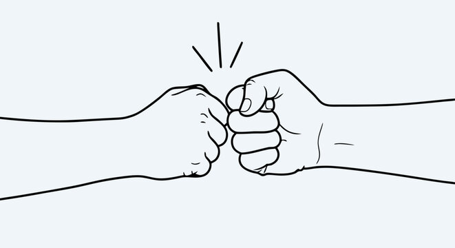 Graphic illustration showing a fist bump, representing success, agreement and collaboration between people, depicted with clean lines for a modern