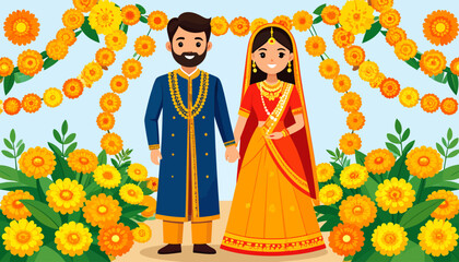 Obraz premium Indian Wedding Couple Illustration with Floral Decorations