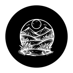 Minimalist mountain landscape illustration showcasing natural beauty and simplicity in a circular black and white design