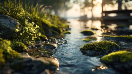 Fototapeta premium Serene waterscape featuring mossy rocks and lush greenery in a peaceful setting