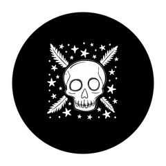 A white skull surrounded by feathers and stars set against a black circular background makes a unique and striking illustration