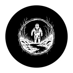 Silhouette of bigfoot in the dark forest at night under the moonlight creating scary atmosphere and spooky feelings