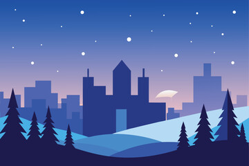 winter skyline with snowflakes and lights  .eps