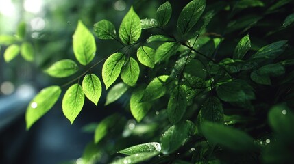 Enchanting greenery: Captivating foliage with glistening drops in soft light