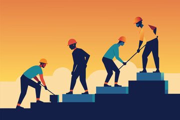 workers in hard hats building a foundation  .eps