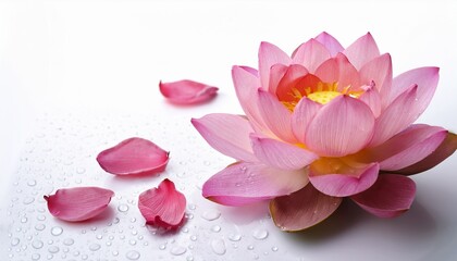 pink lotus flower on white background with dew drops and petals