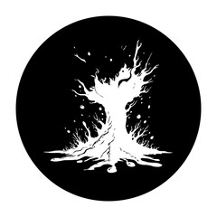 Mystical white tree silhouette art on a dark black round background with a magical fantasy vibe for halloween