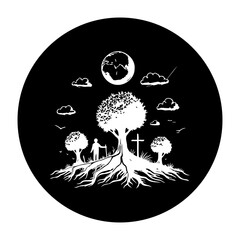 Symbolic journey through life: tree of life, faith, and earthly exploration illustration