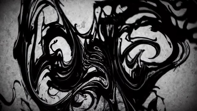 High contrast black and white grunge animation where swirling ink clouds merge distressed scratches evoking vintage video horror experimental cinema gritty four K overlay grants instant atmospheric